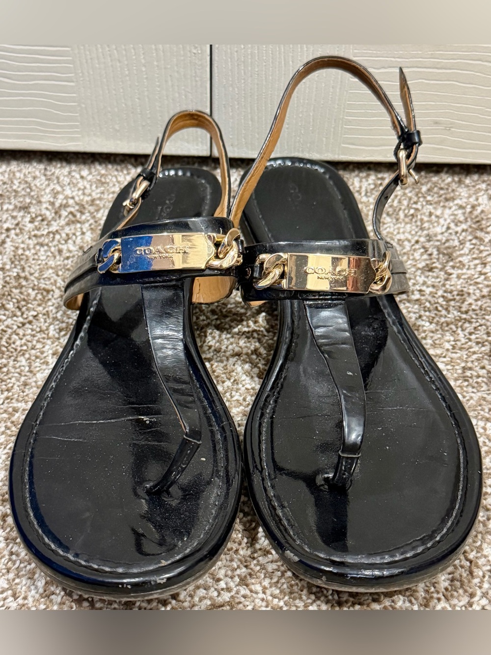 Coach Caterine Sandals Size 9.5B Black Patent with Gold Details, T-Strap, Thong
